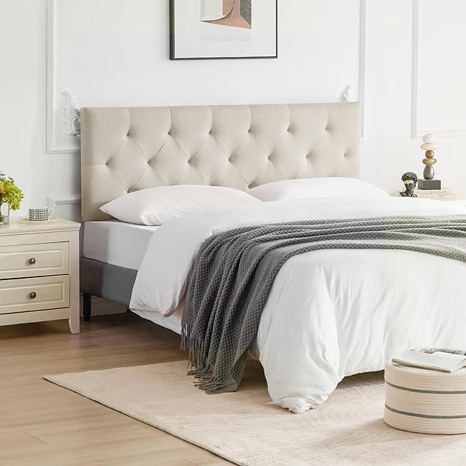 Linen Fabric Upholstered Headboard Queen Size, Modern Diamond Tufting Solid Wood Queen Headboard Only, Adjustable Height from 37” to 51” Head Board, Bed Frame or Wall Mount Headboards, Beige