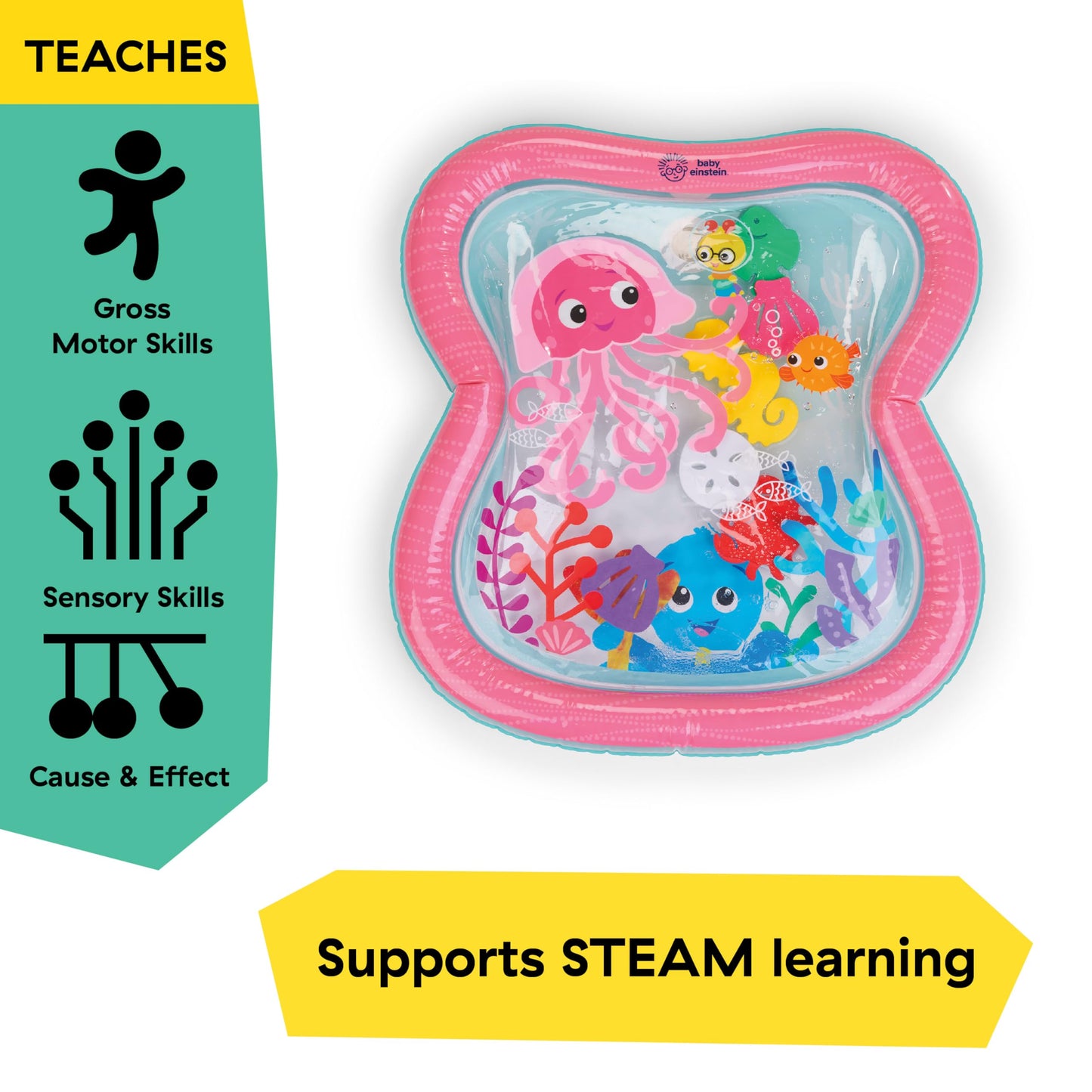 Baby Einstein Ocean Explorers Jiggling Janet Water Mat, Baby Water Mat with 6 Floating Ocean Shapes for Cause & Effect, Multisensory, Multisensory, Pink, Newborn +