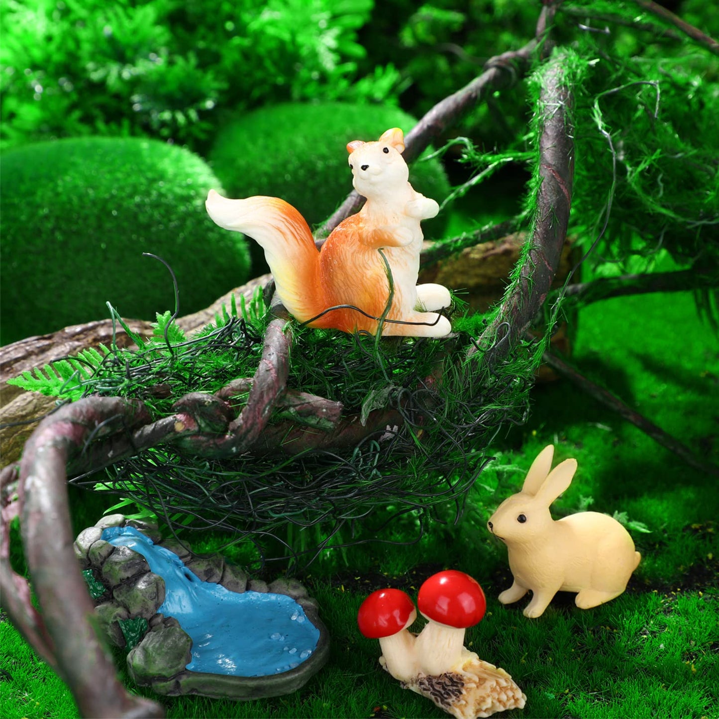 Roowest 19 Pcs Miniatures Garden Fairies Kit Garden Accessories Miniatures Bunny Squirrel Owl Animals Cute Tiny Mushroom Mini Pond Bridge Figurine for DIY Home Micro Landscape Terrarium Ornaments