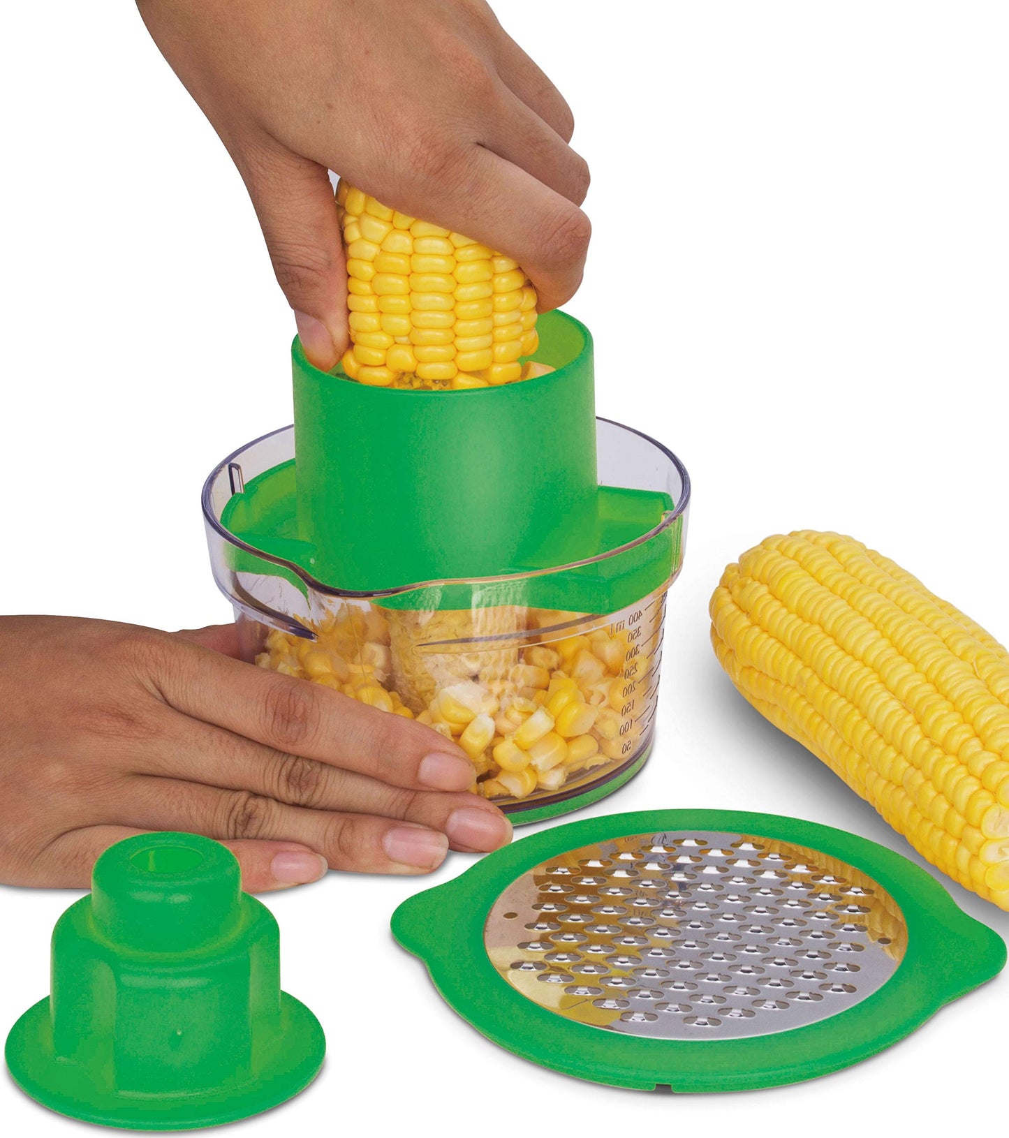 Cestari Corn Cob Peeler MultiTool Set - Includes Corn Cob Remover, Pusher, Measuring Cup, and Grater