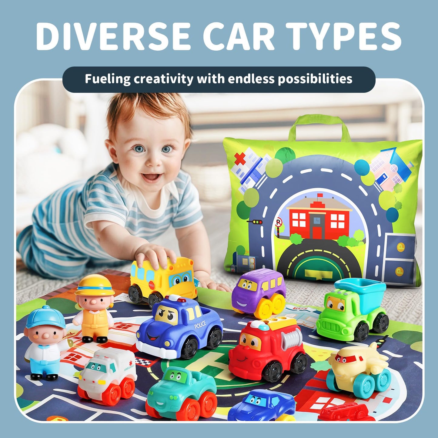 ALASOU 3 PCS Suction Cup Rotating Toys and 12 PCS Soft Rubber Car Toys with Playmat for Infant and Toddlers