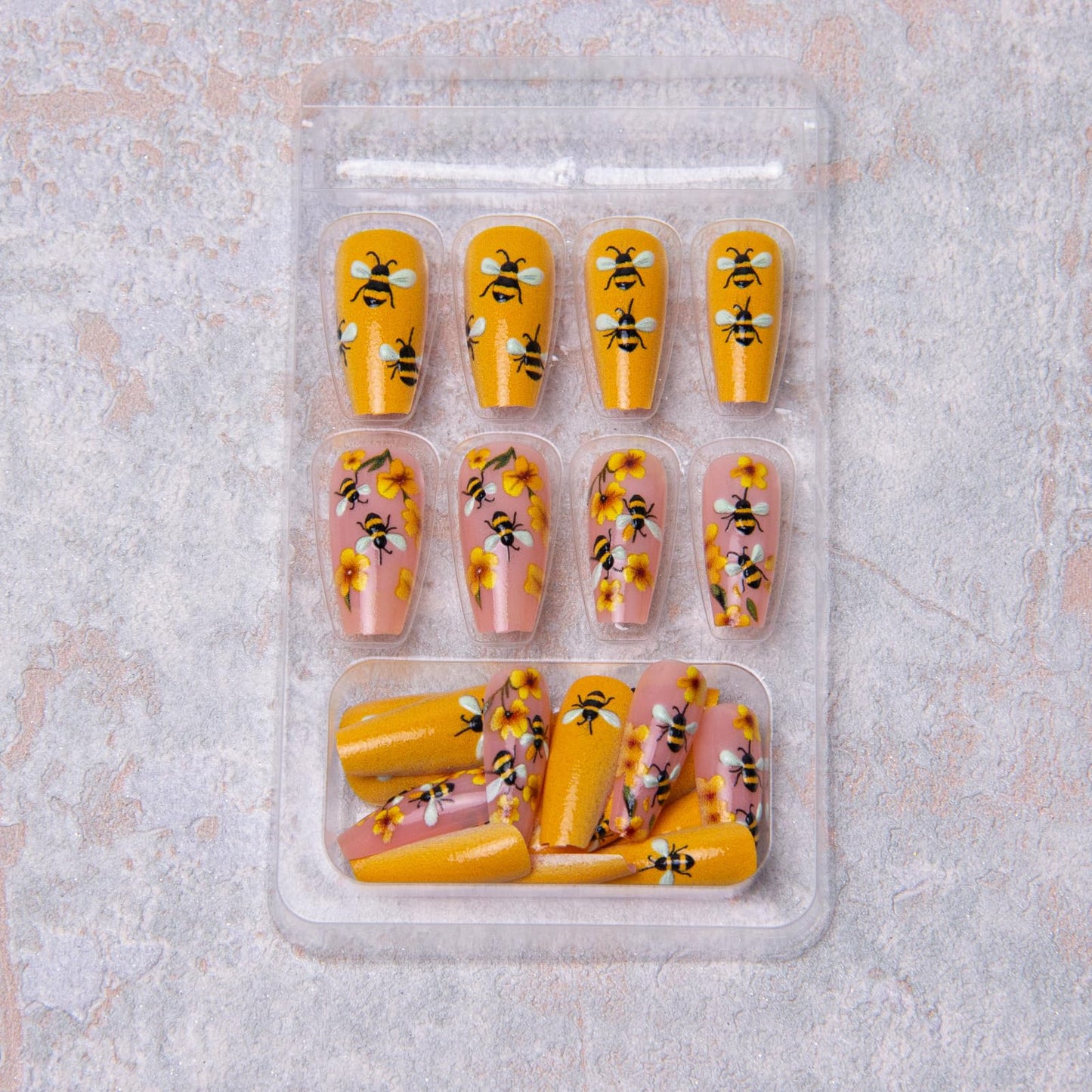 TOGZOM Spring Press on Nails Short Coffin Square Acrylic False Nails 24Pcs Yellow Flowers Bee Floral Designs Glossy Glue on Nails for Women Girls Manicure