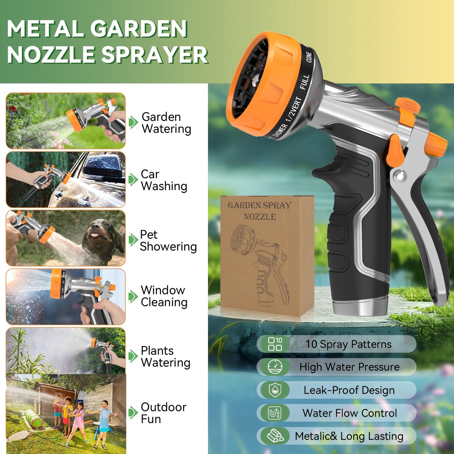 Garden Hose Nozzle, Heavy Duty Metal Water Hose Nozzle with 8 Adjustable Spray Patterns, High Pressure Hand Sprayer with Flow Control for for Garden Watering, Car & Pet Washing