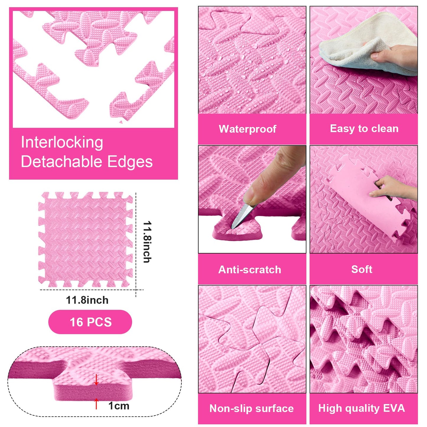 Shihanee Foam Floor Tiles Foam Floor Mats Play Mats Bulk with Borders Interlocking for Bedroom Gym Nursery(11.8 x 11.8 Inch,Light Pink)