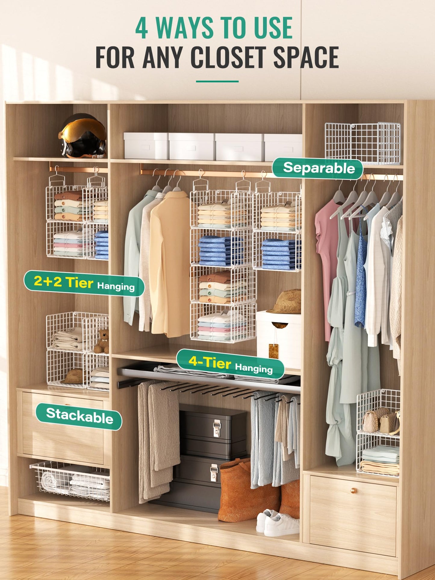 Orapoke Hanging Closet Organizer, 4 Tier Metal Closet Organizers and Storage with 4 Hanging Hooks 4 S-Hooks for Wardrobe Laundry Room, Wire Storage Shelf for Clothes Sweaters Pants (White)