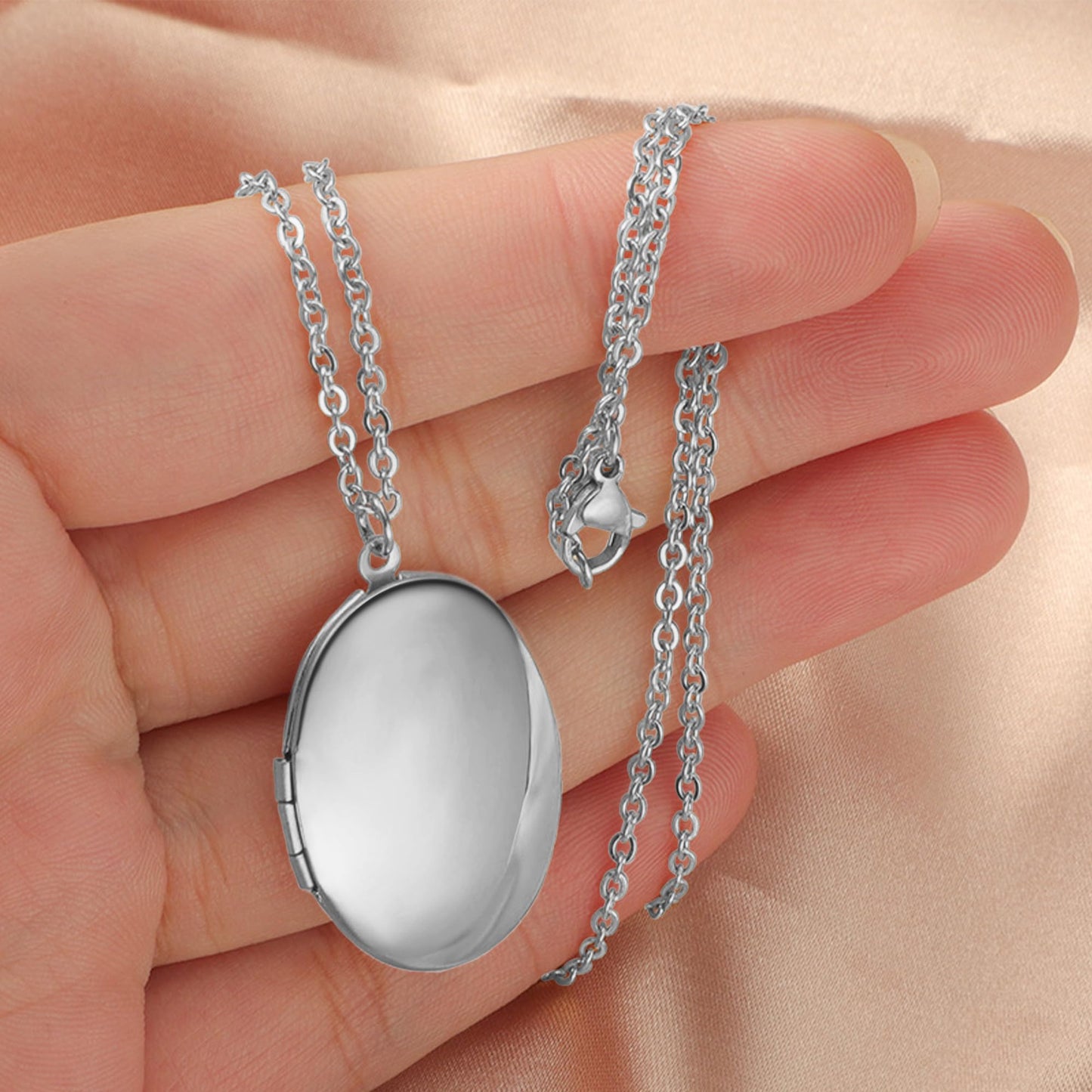 PHOCKSIN Glossy Oval Silver Lockets Personalized Locket Necklace for Women Custom Photo Locket Necklace with Text & Symbols Customized Lockets Gifts for Women