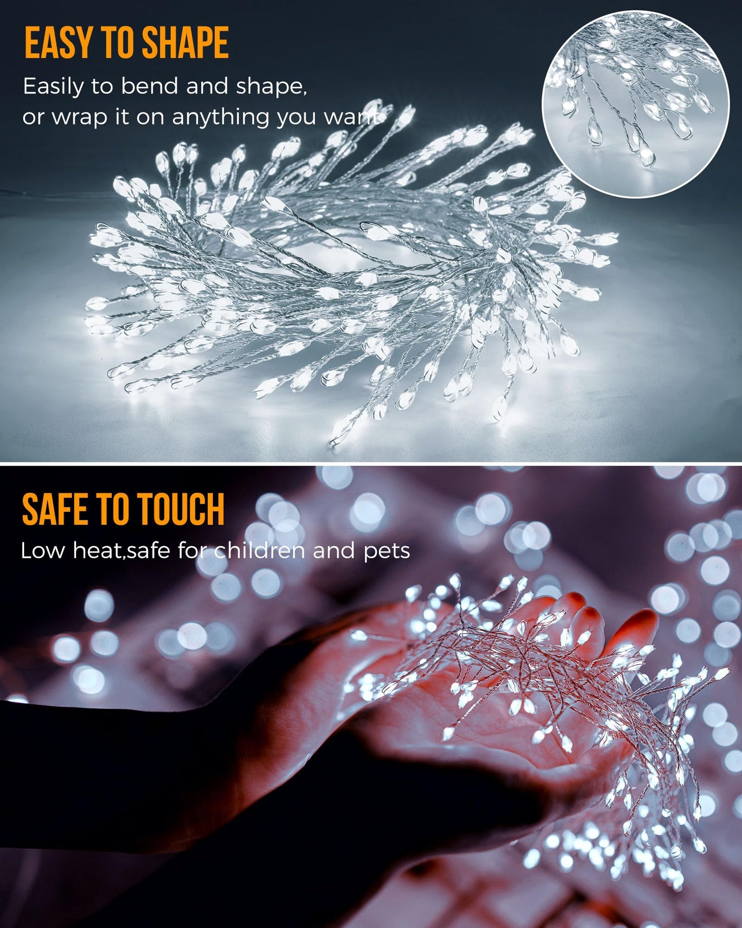 Fairy Lights Battery Operated, 10Feet 120LEDs Firecracker String Lights Waterproof Silver Wire Starry Firefly Light for DIY Wreath Home Wedding Indoor Outdoor Christmas Decorations, Pure White