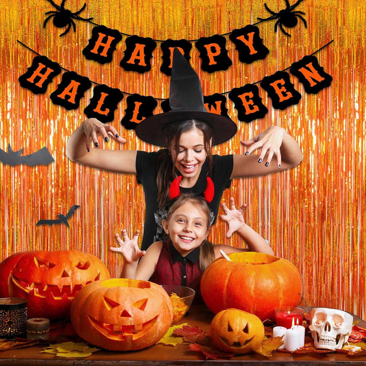 Melsan Orange Tinsel Backdrop Curtains, 3.2ft x 8.2ft Sparkle Metallic Foil Fringe Curtain for Basketball Thanksgiving Halloween Birthday Party Decorations, 2 Packs