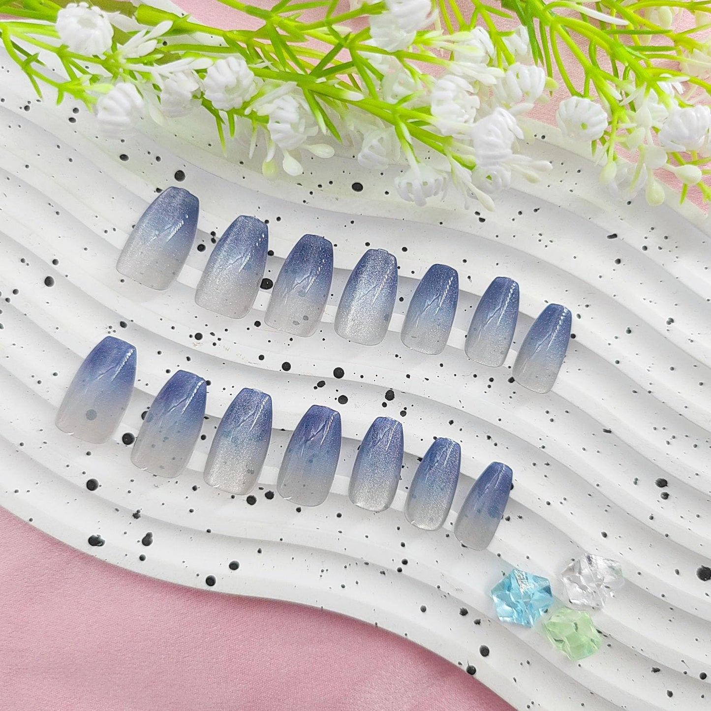 Blue Press on Nails Short Fake Nails Coffin Nails Press ons Cat Eyes Glue on Nails Ombre Acrylic Nails Summer False Nails Glossy Artificial Nails Cute Stick on Nails for Women 24Pcs