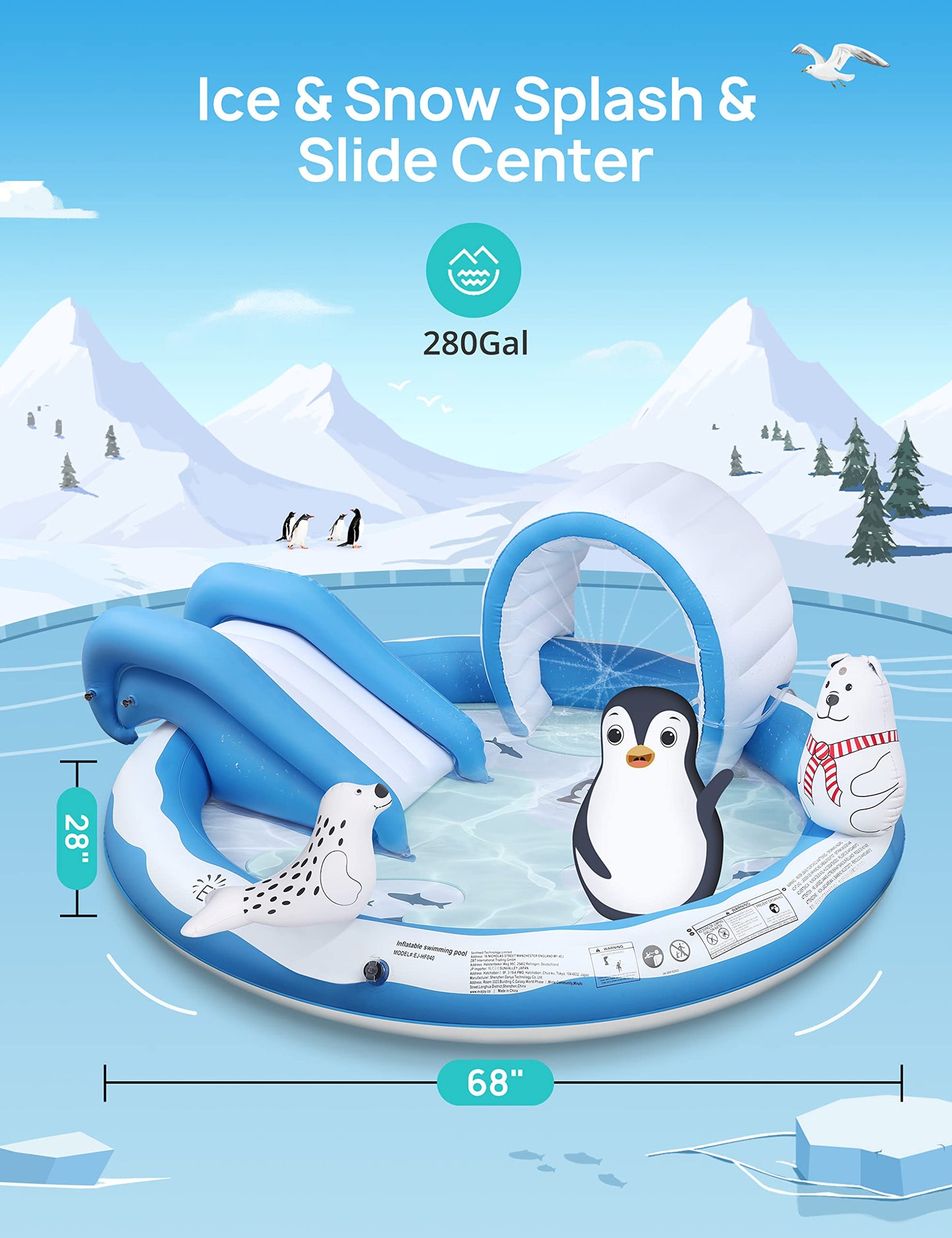 Inflatable Play Center, EVAJOY Kiddie Pool with Slide for Children, Sprinkler, Ice & Snow Theme with Inflatable Dolls, Easy Setup for Garden, Backyard, Indoor Usage