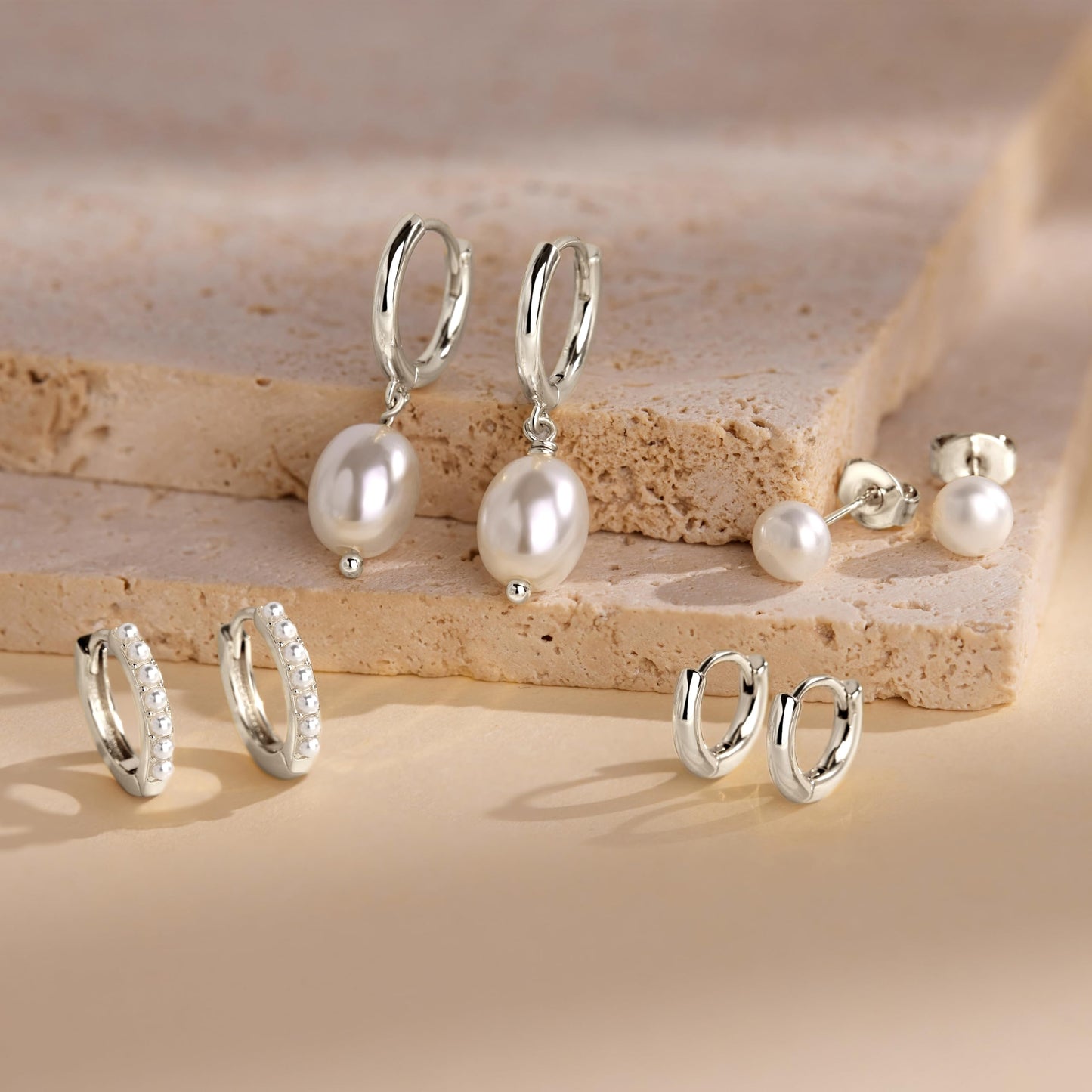 Silver Pearl Earrings for Women,Huggie Small Stack Cartilage Stud Hoop Earring Sets for Multiple Double Piercing, Conch Helix Rook Tragus Daith Piercing Silver Clip On Jewelry Set Gifts
