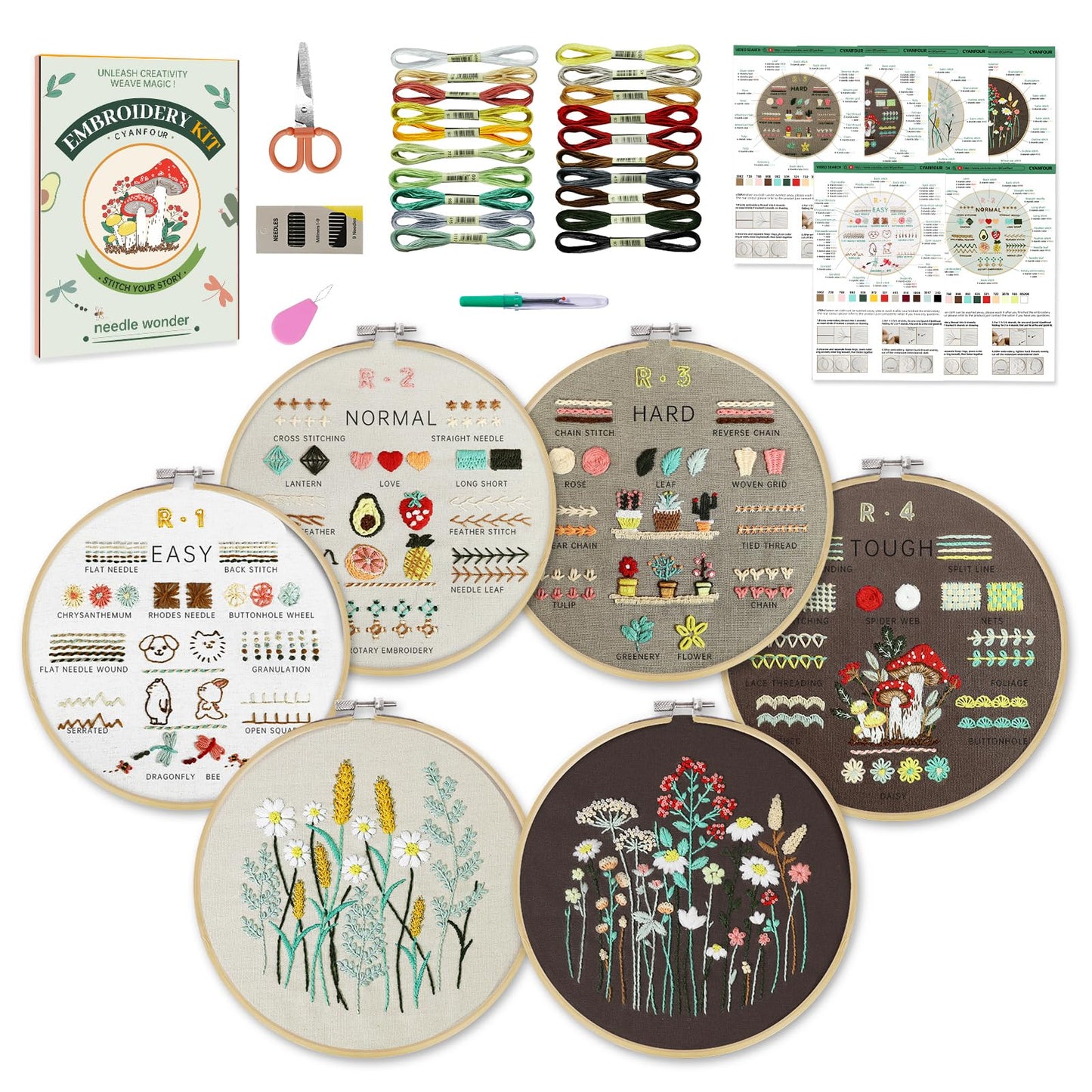 CYANFOUR 6 Stage Embroidery Kit for Beginners Adults, Easy to Learn 38 Different Stitches from Instruction & Video, Needlepoint Kits for Adults with Stamped Embroidery Patterns