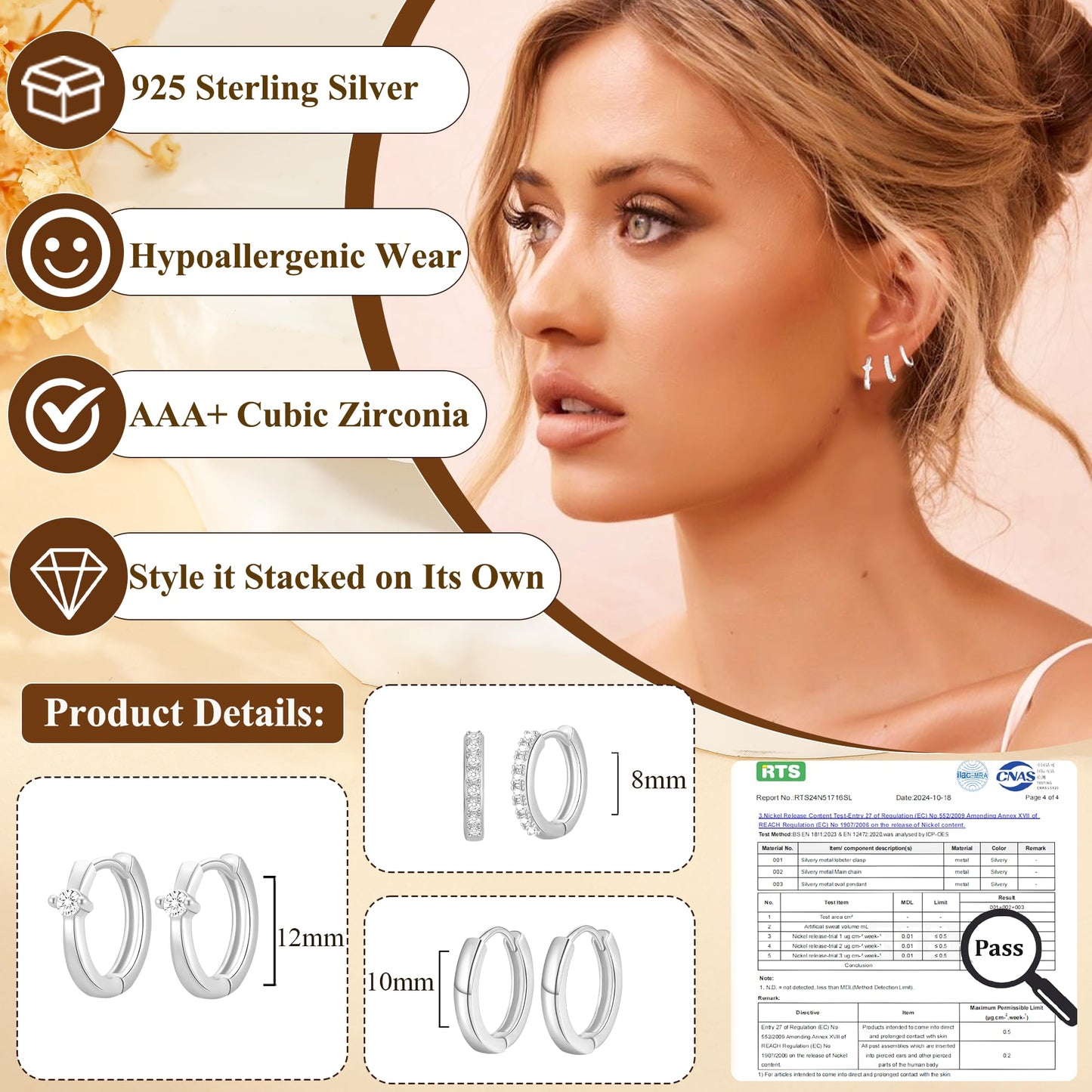 DORANA 3 Pairs 925 Sterling Silver Earrings for Women Non Tarnish Small Huggie Hoop Earrings Hypoallergenic Cartilage Hoops Stackable Earring Silver Stacks Sets for Multiple Piercing