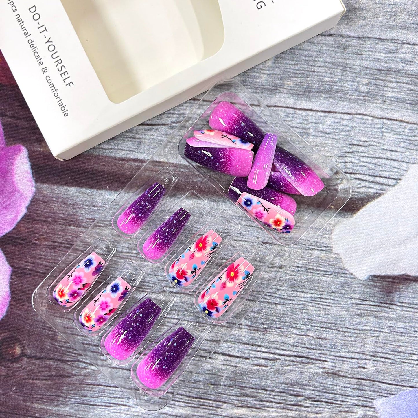 CJDLTS Press on Nails Medium Ballet Shaped Purple Flowers Pattern Design False Nails Purple Gradient Press Nails Full Cover Glitter Nails Artificial Stick on Nails Glossy Glue on Nails for Women