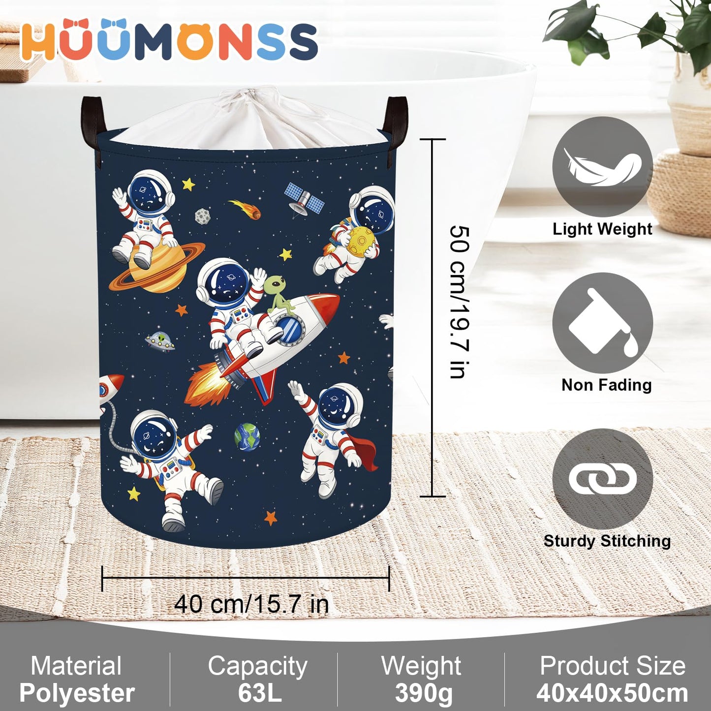 HUUMONSS Space Rockets Laundry Hamper Cartoon Astronaut Large Storage Basket Planet Collapsible Parents Organizer Boys Clothes Toy Bins for Bedroom, Bathroom, Alien, 63L