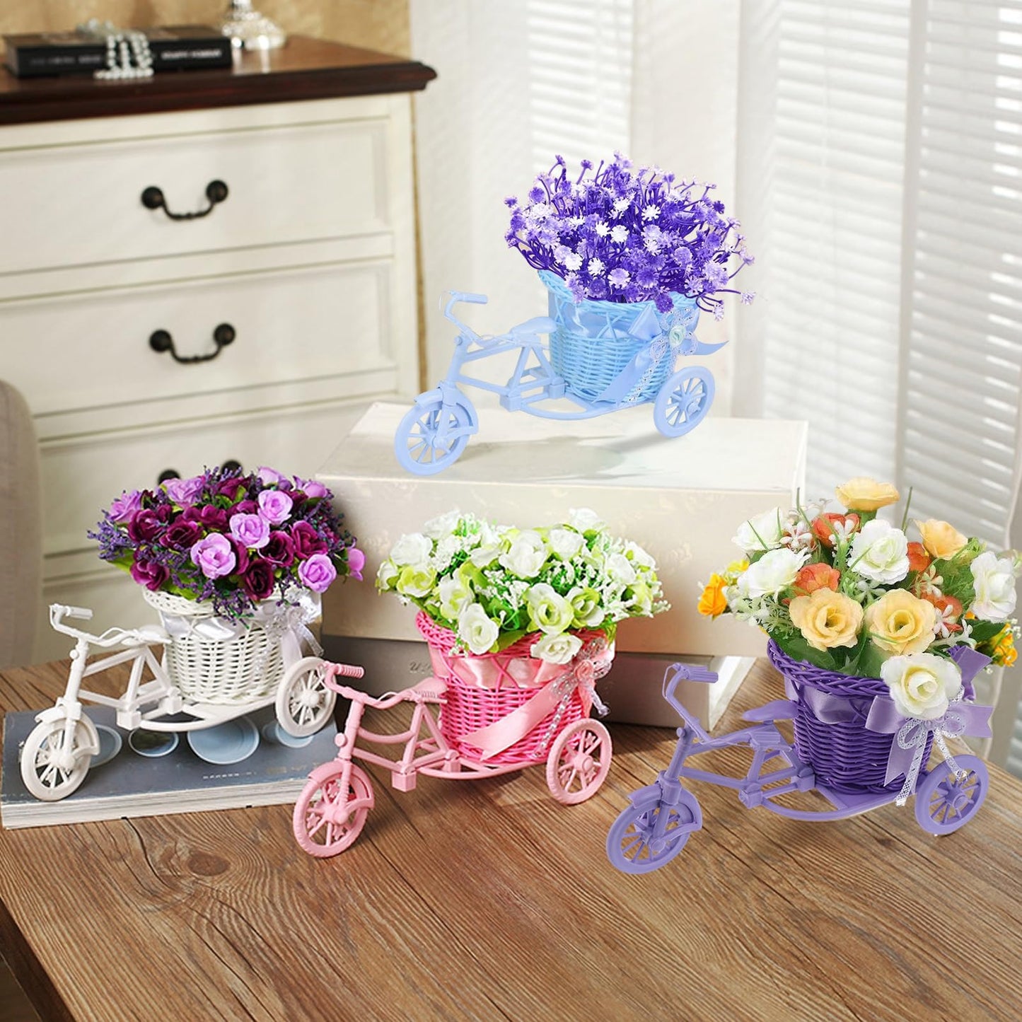 Bicycle Artificial Woven Flower Basket Tricycle Planter Decorative Nostalgic Plant Rack Flower Stand for Birthday Home Decor (Pink)