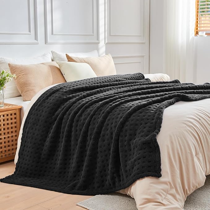 NEWCOSPLAY Super Soft Queen Blanket Black Premium Silky Flannel Fleece 3D Waffle Checkered Lightweight Bed Blanket All Season Use (Black, Queen(90"x90"))