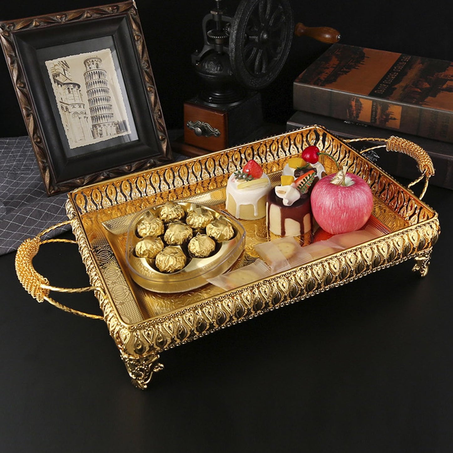Decorative Serving Tray, Gold European Style Metal Serving Tray with Handles, Coffee Tea Beverage Serving Rectangle Tray, Cake Platter Serving Trays Food Platter Jewelry Tray