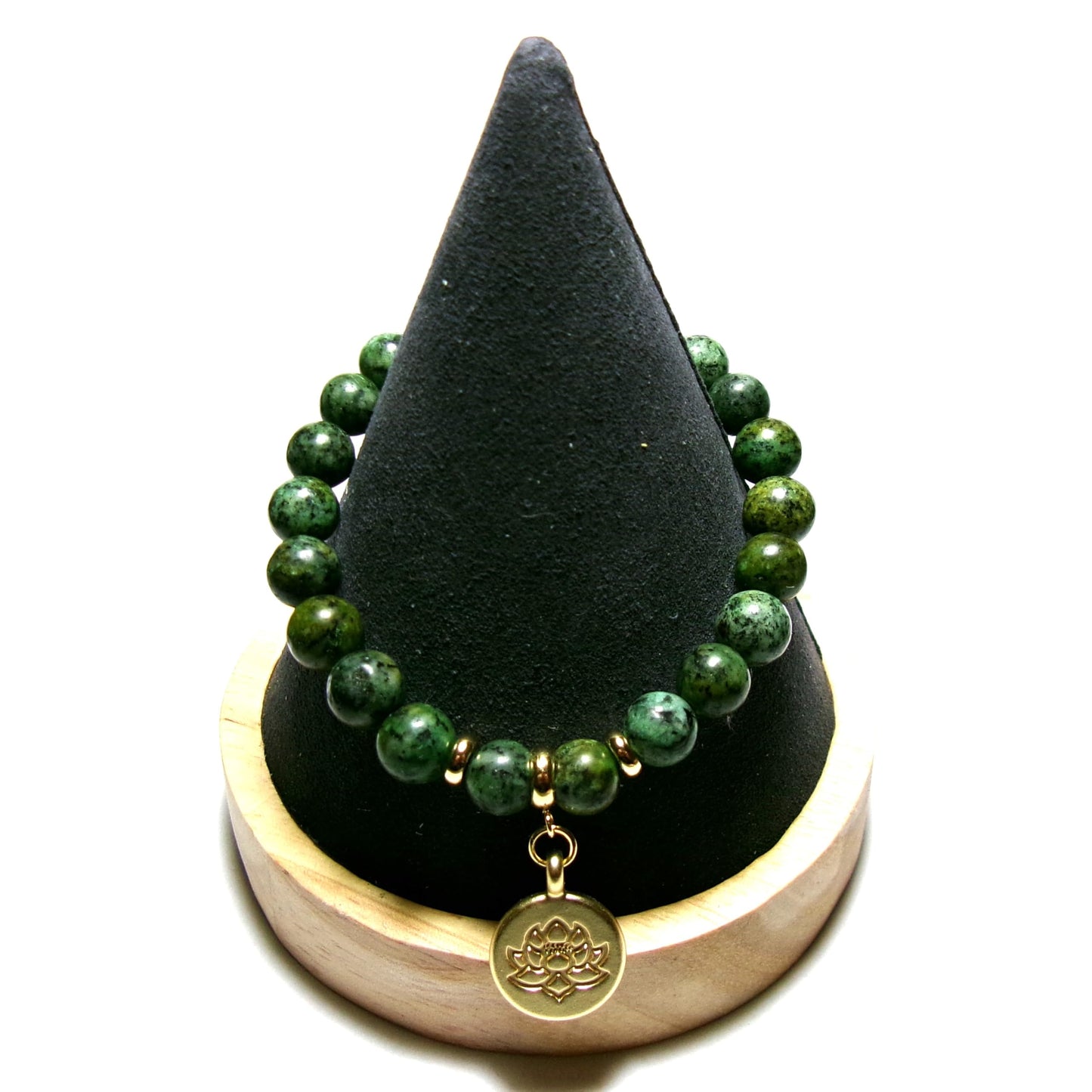 Lotus Flower Healing Crystal Stretch Bracelet with Gold Accents, 8 MM Beads, Handmade in USA (African Turquoise Jasper)