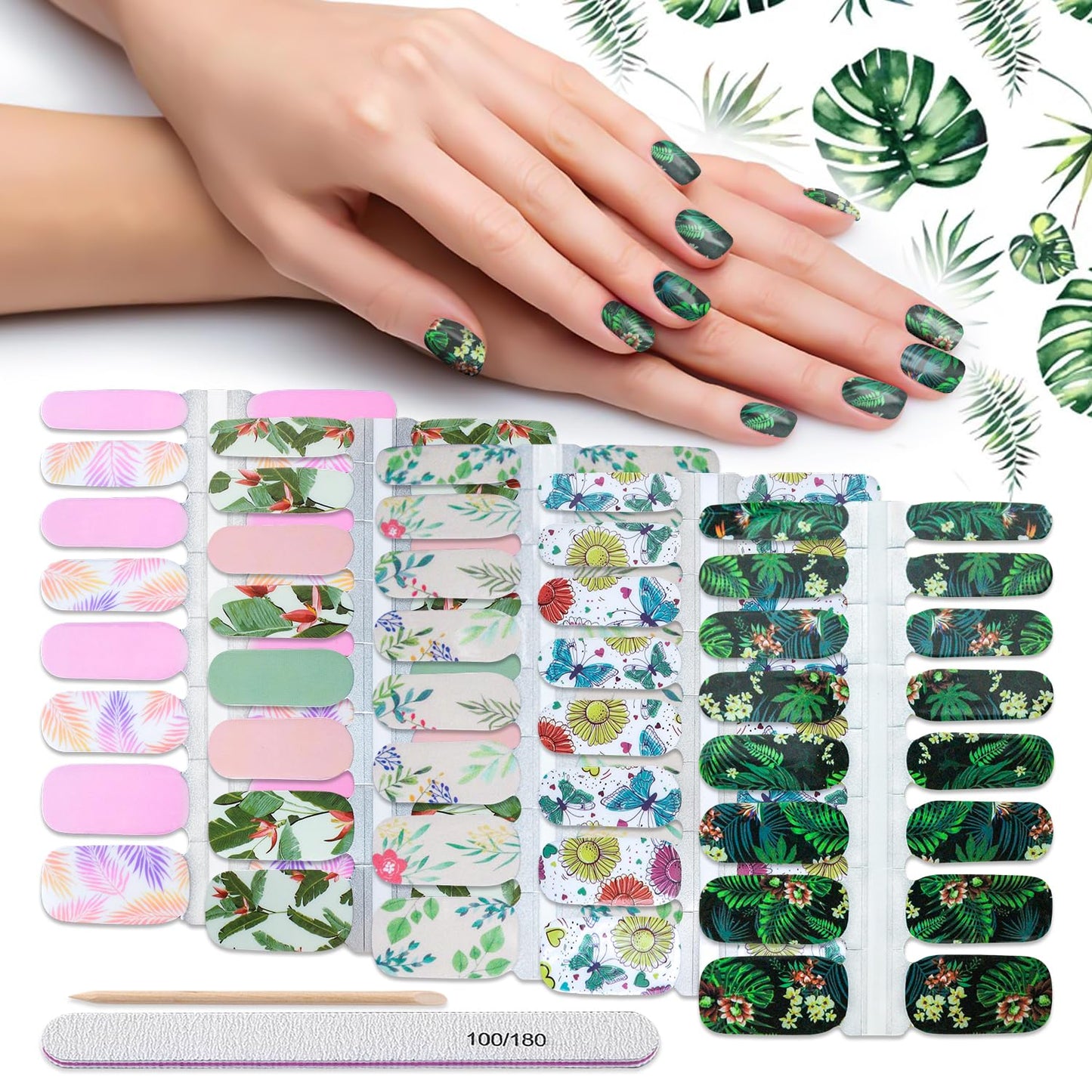 Nail Wraps for Women, DANNEASY 5 Sheets Leaf Nail Polish Strips Self Adhesive Sticker Nail Polish Gel Nail Strips Nail Accessories with Nail File, Cuticle Stick
