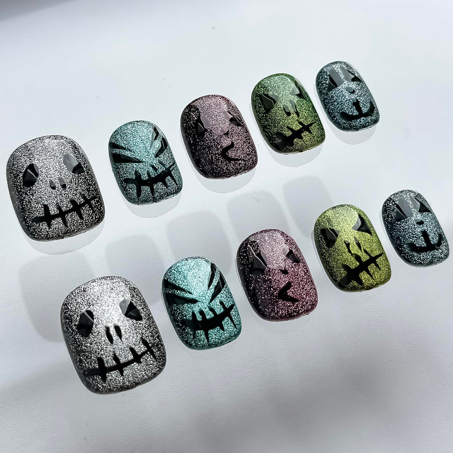 Halloween Press on Nails Short Square Handmade Nails 3D Unique Reusable ABS Material Fake Nails Cute False Nails with Designs Glitter Sparkly Glossy Glue on Nail Thick Acrylic Nail(M)