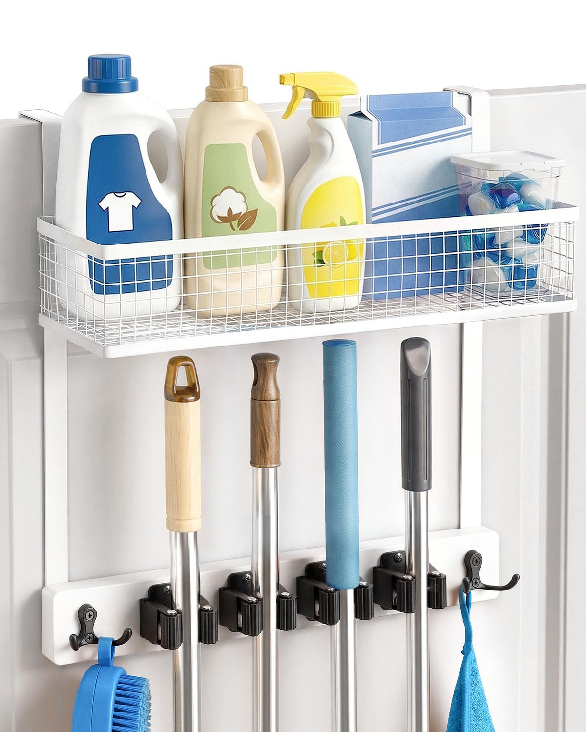 Over the Door Broom and Mop Holder with Basket