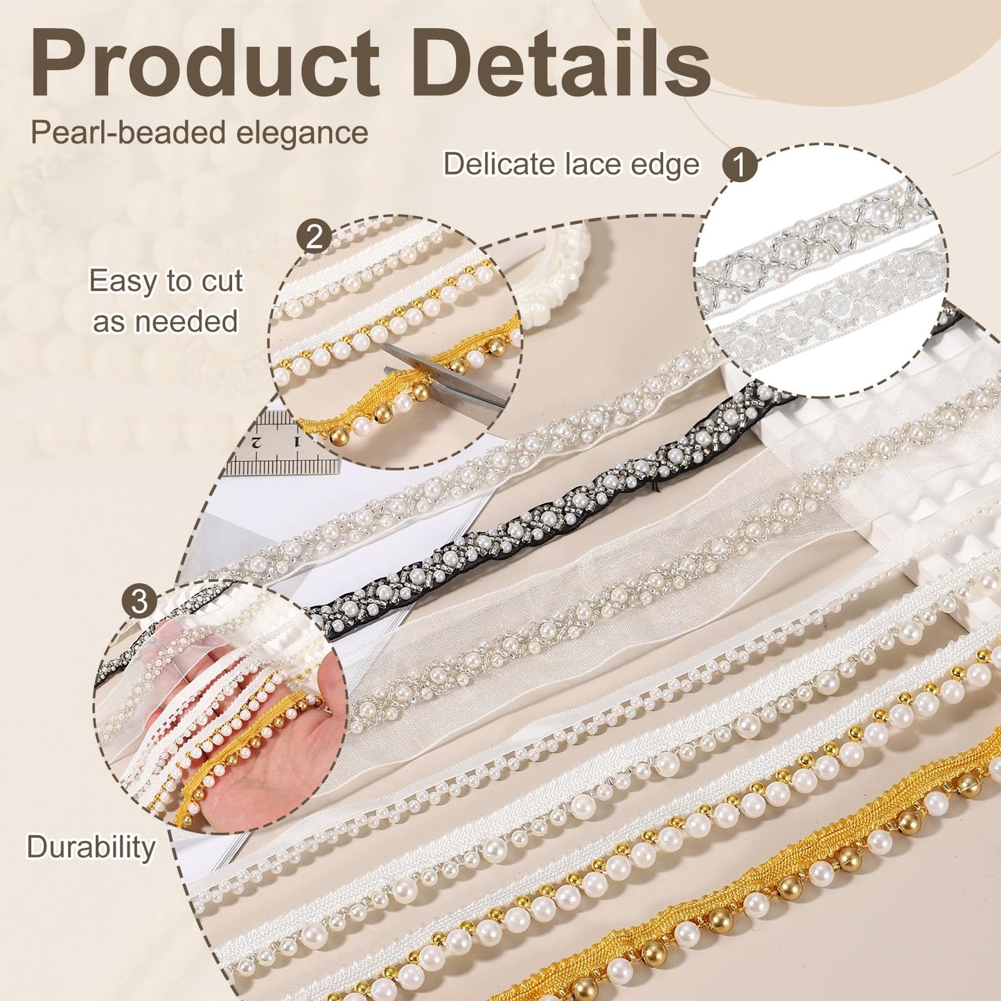 uxcell 2 Yards Pearl Beaded Trim, 1cm Bridal Lace Ribbon Trimming Edge Embellishments for Sewing Wedding Party Dress Fabric DIY Craft, Solid White