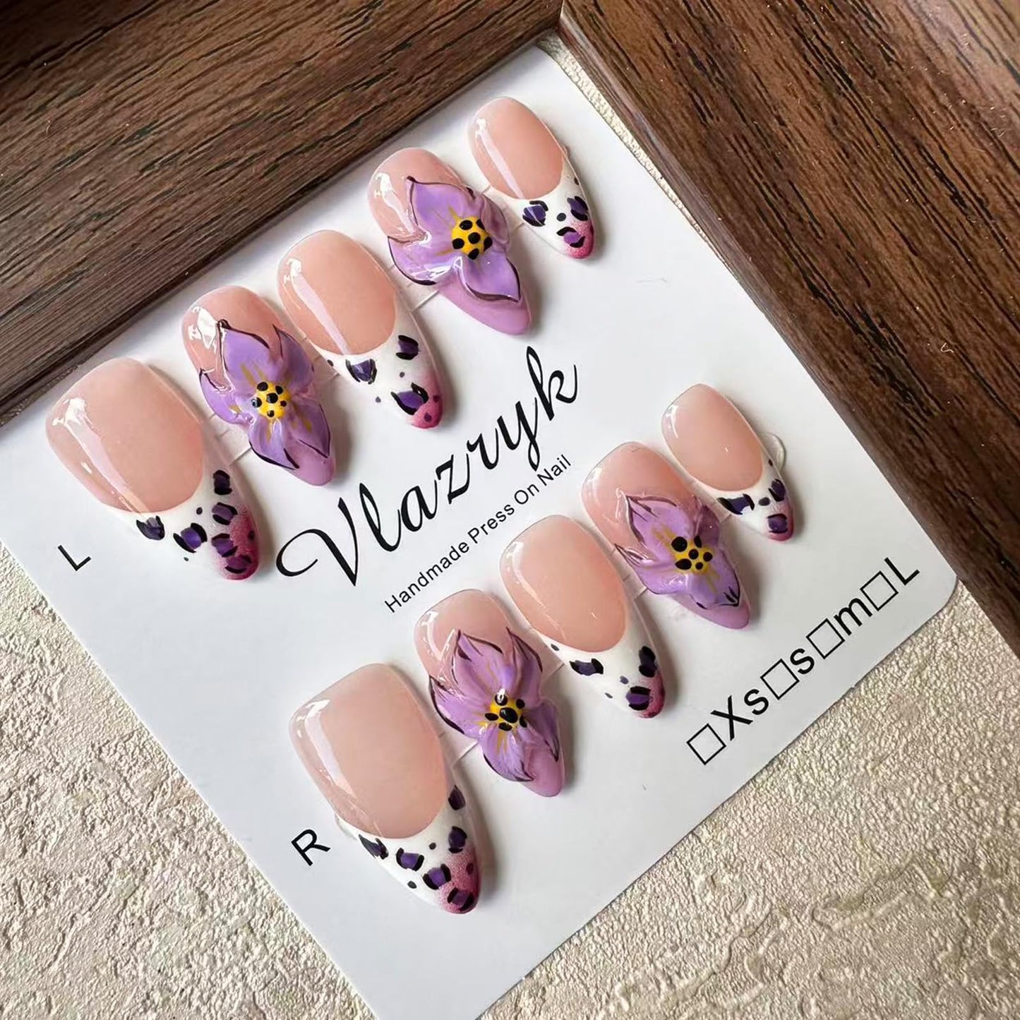 Luxury Handmade Press On Nails, Purple French Medium Almond with 3D Flowers, Winter & Autumn Gradient False Nails,Reusable Multi-Layer Post-Gel Acrylic Nails for Women .(M SIZE 10pcs)