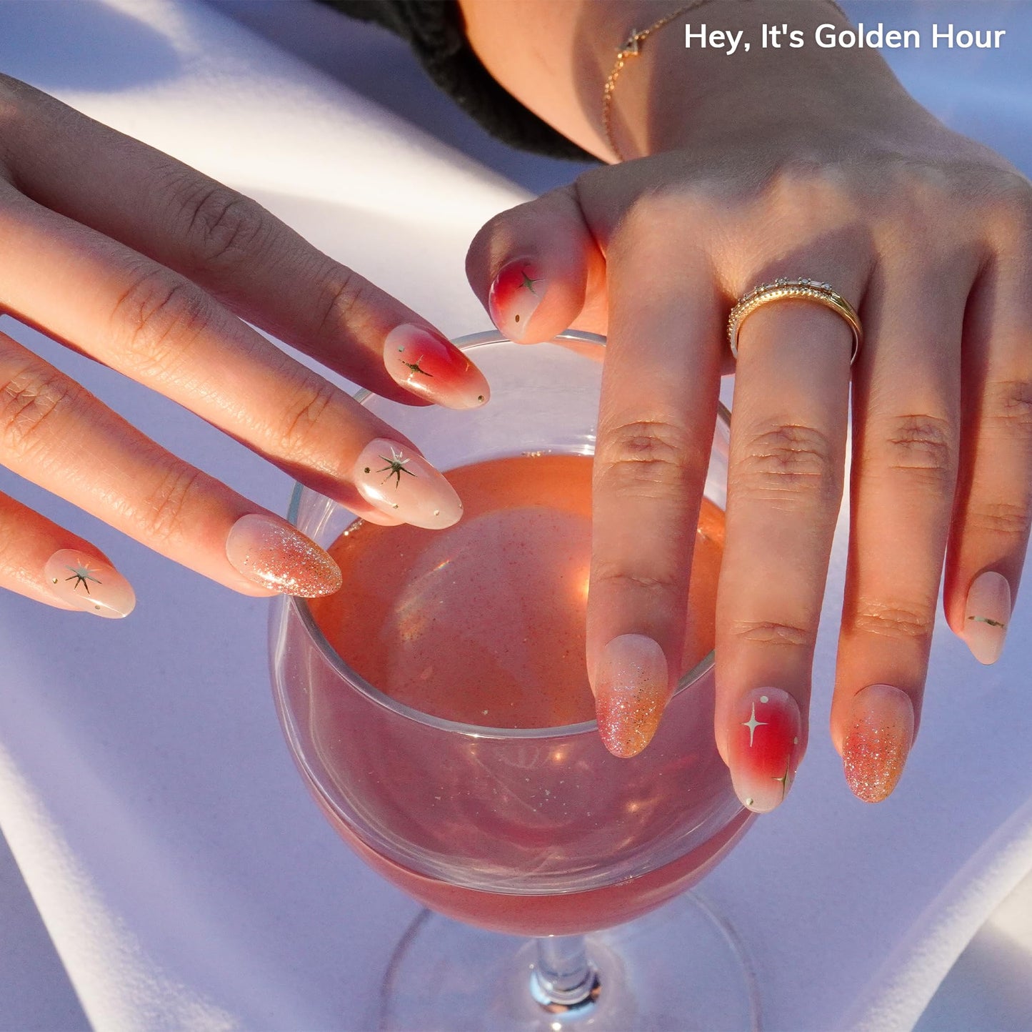 Heyhae Semi Cured Gel Nail Strips | No LED Lamp Needed | Ombre, Gold, Spring | Easy Apply & Remove, Salon Quality | Includes 28 Strips, 1 Prep Pads, Nail File & Wooden stick - Hey, It's Golden Hour
