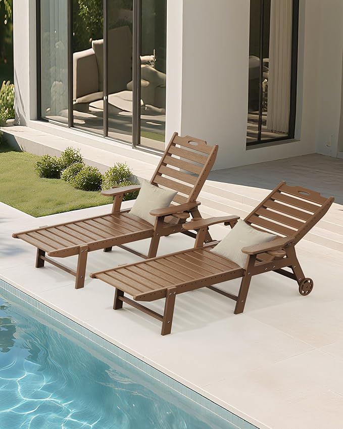 Carauci Lounge Chair Outdoor Set of 4, HDPE Chaise Lounge with Wheels, 5-Position Adjustable Backrest & 2 Cup Holders Patio Lounge Chair, All-Weather Pool Sun Lounger for Poolside, Backyard, Teak