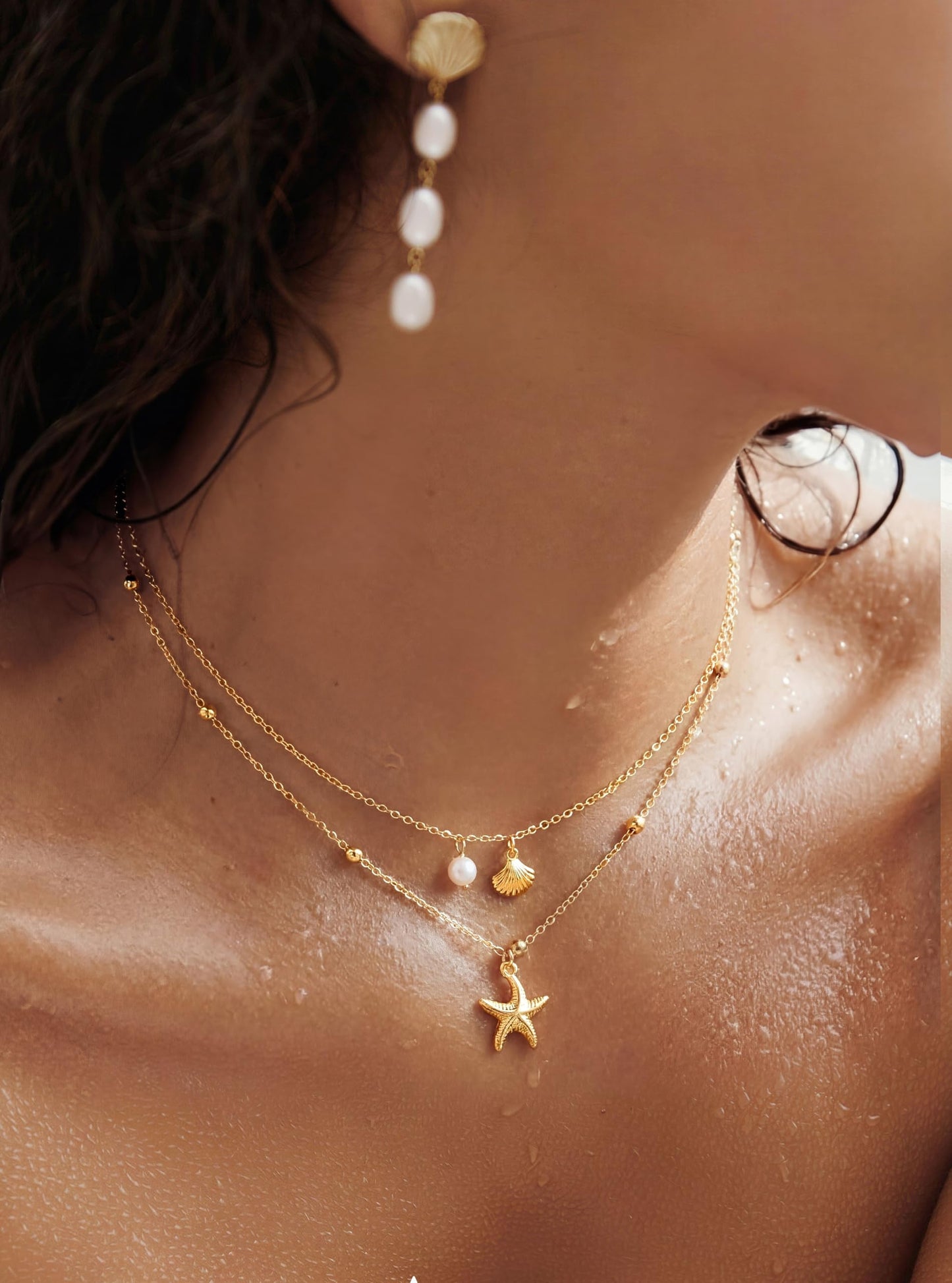 LOYALLOOK Shell Starfish Necklace for Women, 14k Gold Plated Dainty Layered SeaShell Starfish Charm Necklace Stack, Non Tarnish Waterproof Gold Beach Accessories for Summer Vacation