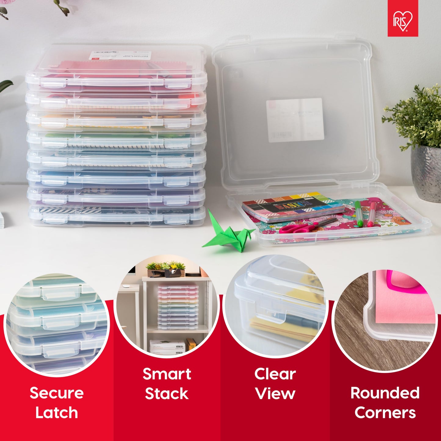 IRIS USA Board Game Storage Craft Organizer Box with Snap-Tight Latch Lid, 2-Pack Portable Plastic Case Bin for Puzzles, Magazines, Hobbies, Art Supplies, Fits 8.5" x 11" & A4 Papers, Thick, Clear