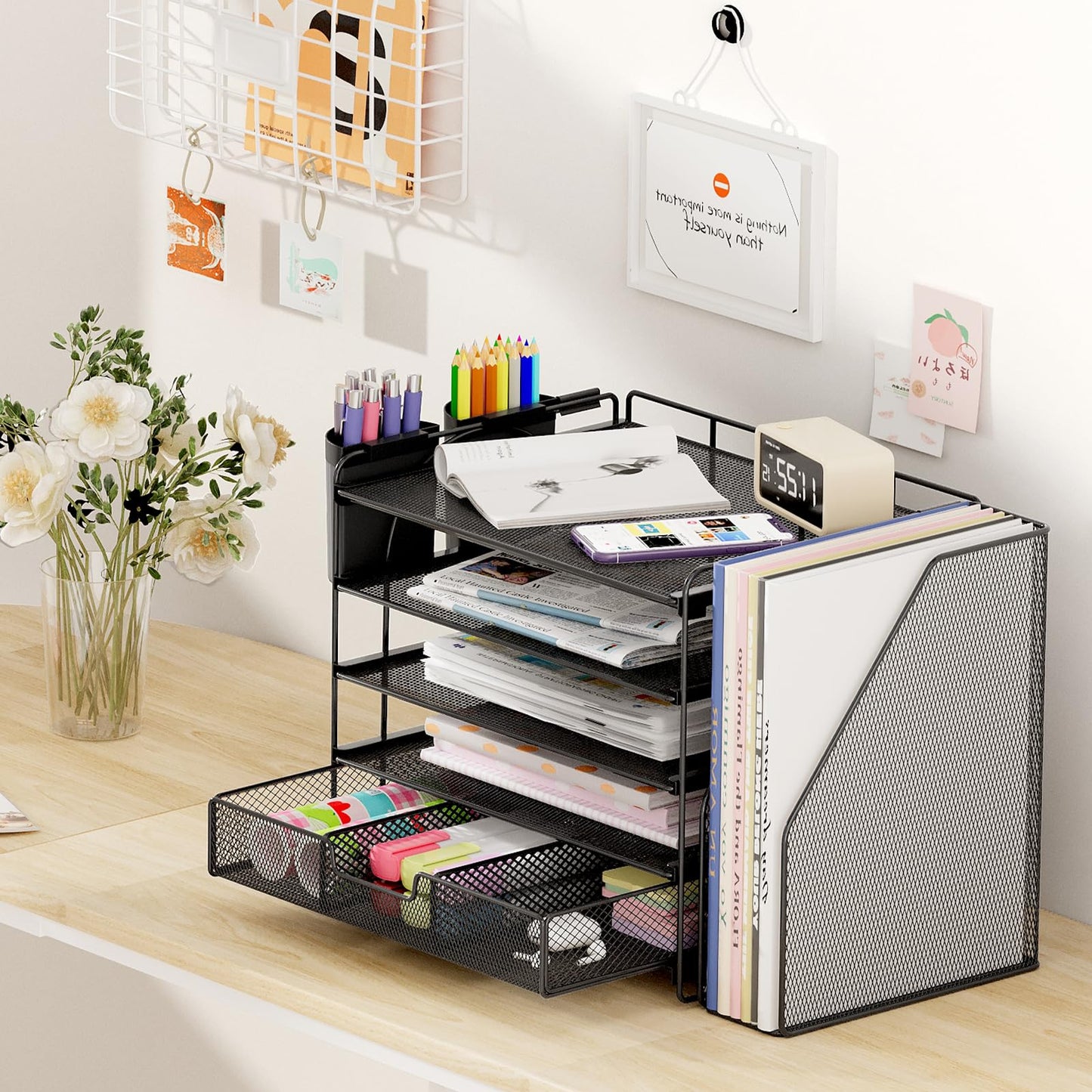 OPNICE Desk Organizer, 5-Tier Paper File Organizer with Drawer & Pen Holder, Office Desk Accessories, Workspace Desktop Organizer for Office Supplies(Black)
