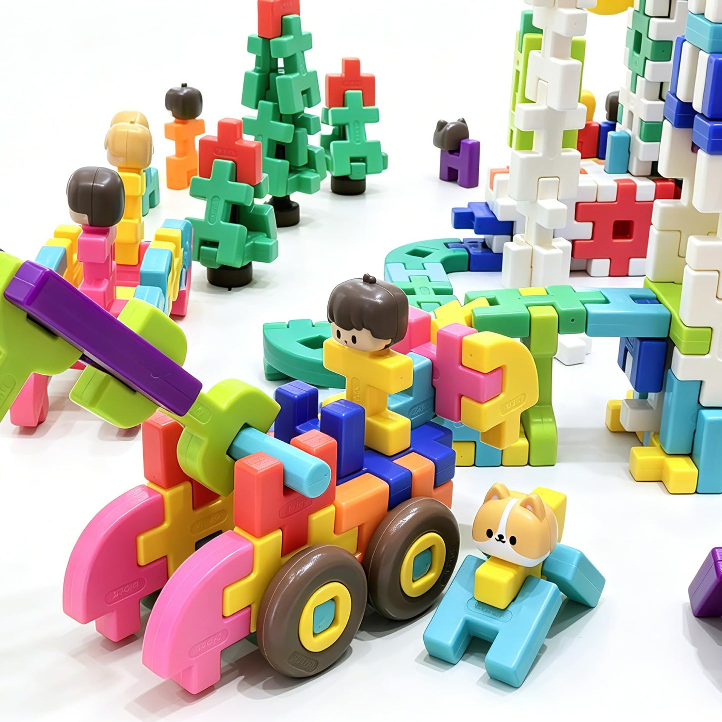 XRUFY Interlocking Building Blocks for Kids, 100+ Pcs STEAM Construction Set with Figures & Pets, Sensory Educational Toy for Preschoolers 3-8, with Building Manual & Storage Bin