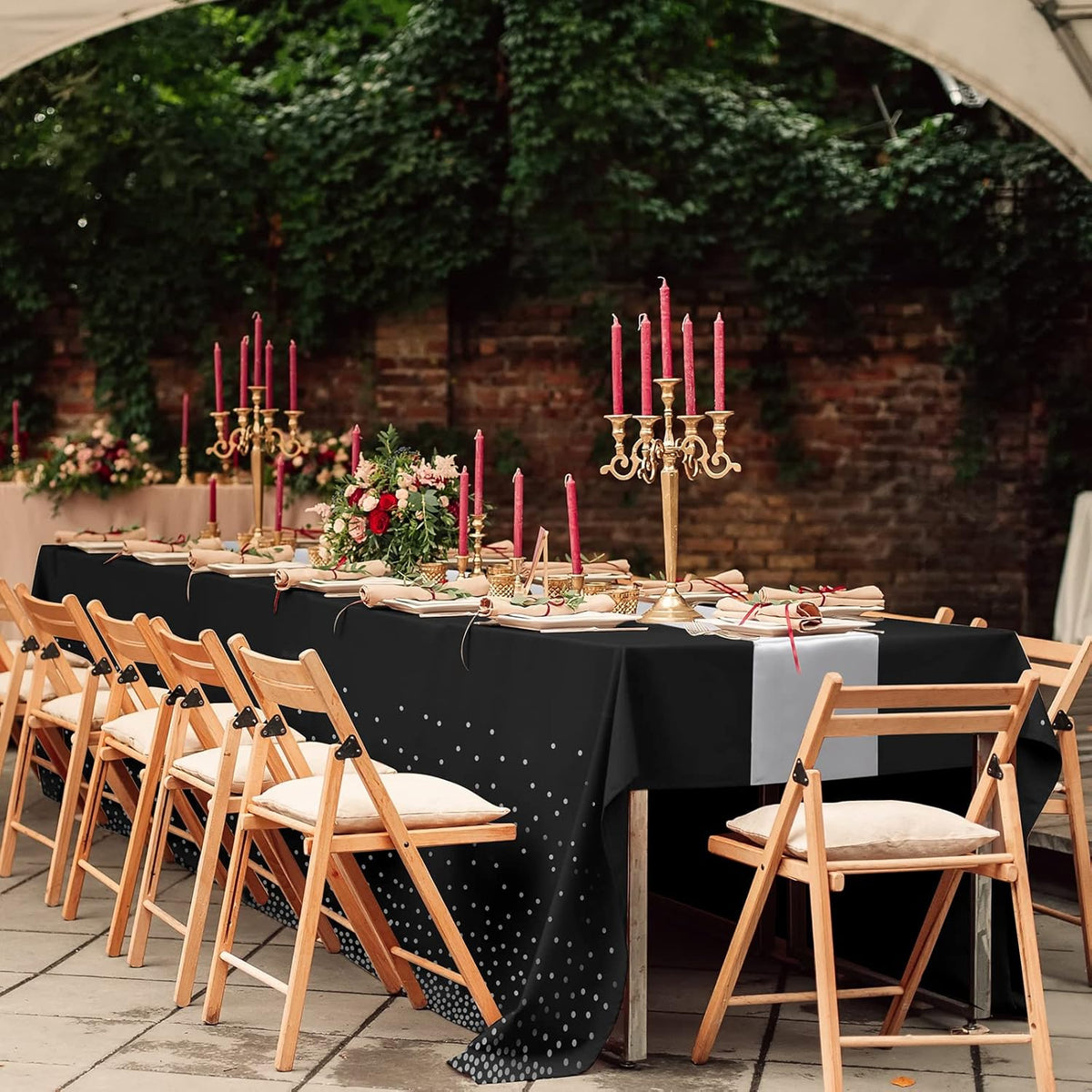 8Pack Disposable Plastic Tablecloths and Satin Table Runner Set Black and Silver Dot Tablecloth Silver Satin Table Runner for Wedding Birthday Baby Shower Anniversary Christmas New Year Party Supply