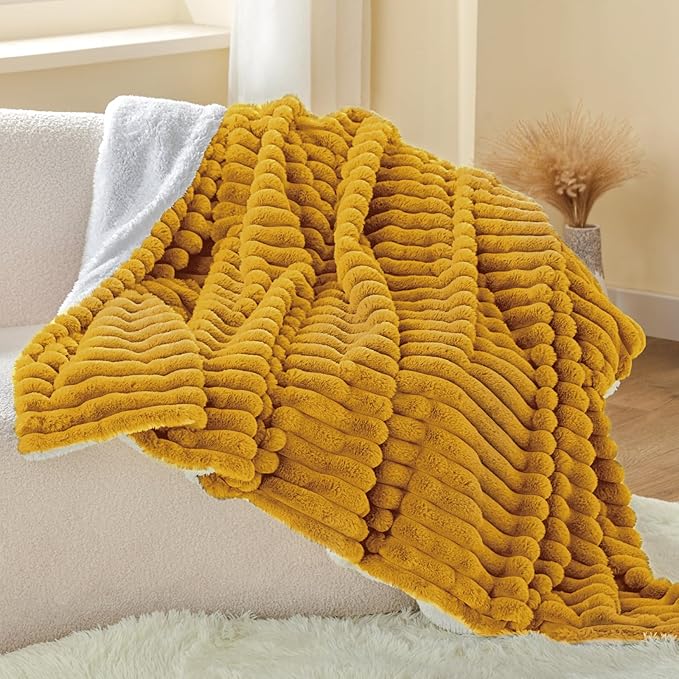INFIIXSO Sherpa Throw Blanket for Couch - Super Soft & Warm Striped Fleece Blanket, Cozy Plush Fluffy Blanket All Season Use (Mustard Yellow, 60x80 Inches)