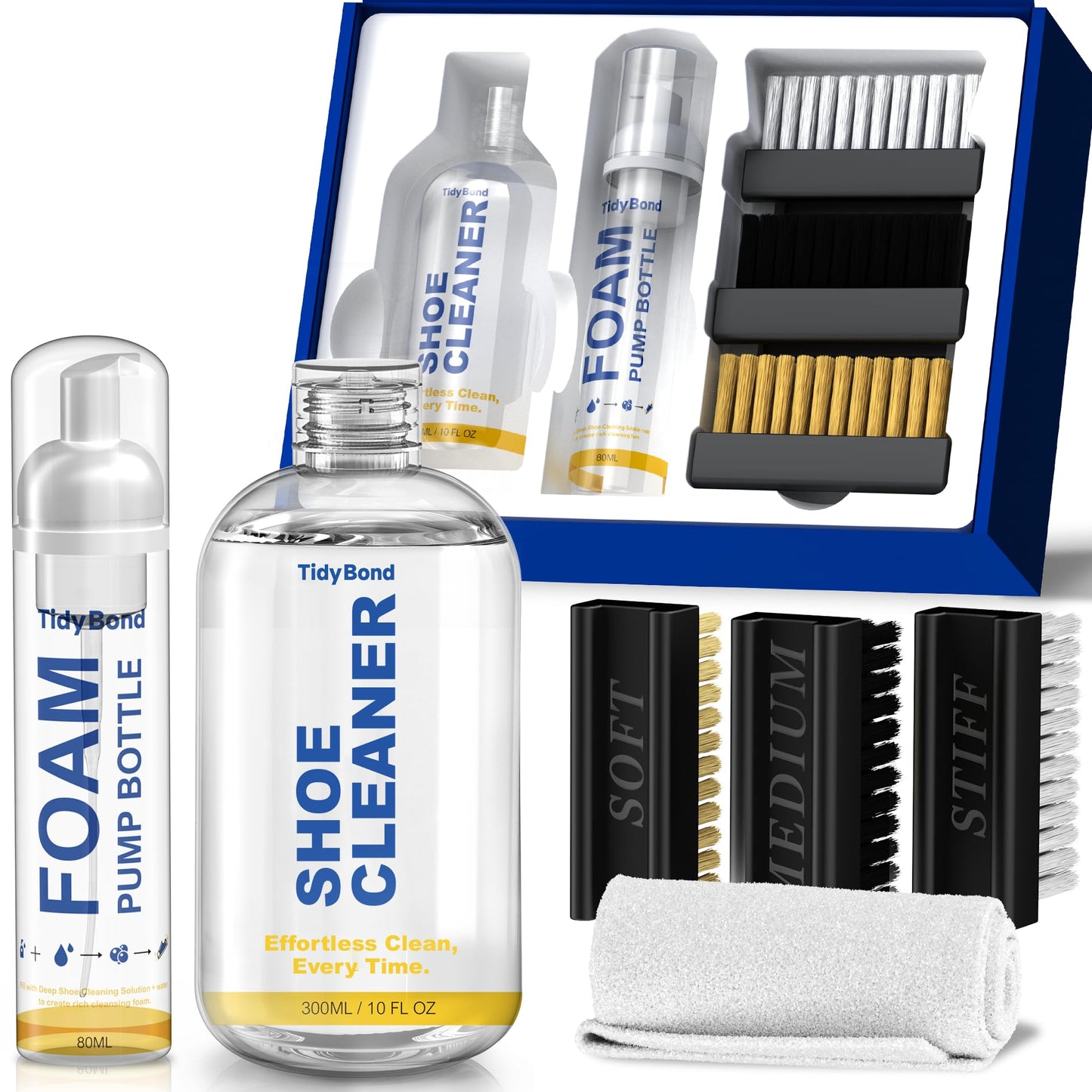 Tidybond Shoe Cleaner Kit for Sneakers – 10.6oz Premium Shoe Cleaning Set with 3 Brushes & Microfiber Towel, Sneaker Cleaner for White Shoes, Boots, Leather, Suede, Canvas, Mesh, PU & Fabric