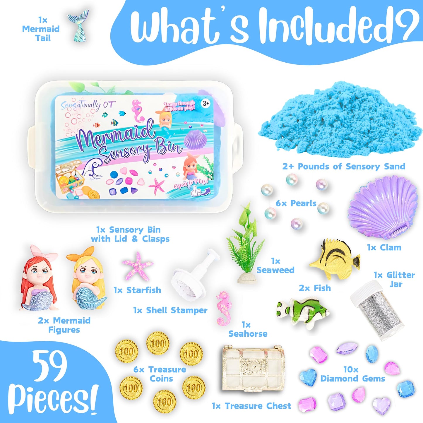 Sensationally OT 38 PCS Mermaid Sensory Bin with 2 lb Magic Sand, Ocean Molds & Treasure Accessories – Creative Sand Play Gift for Girls Ages 3–8