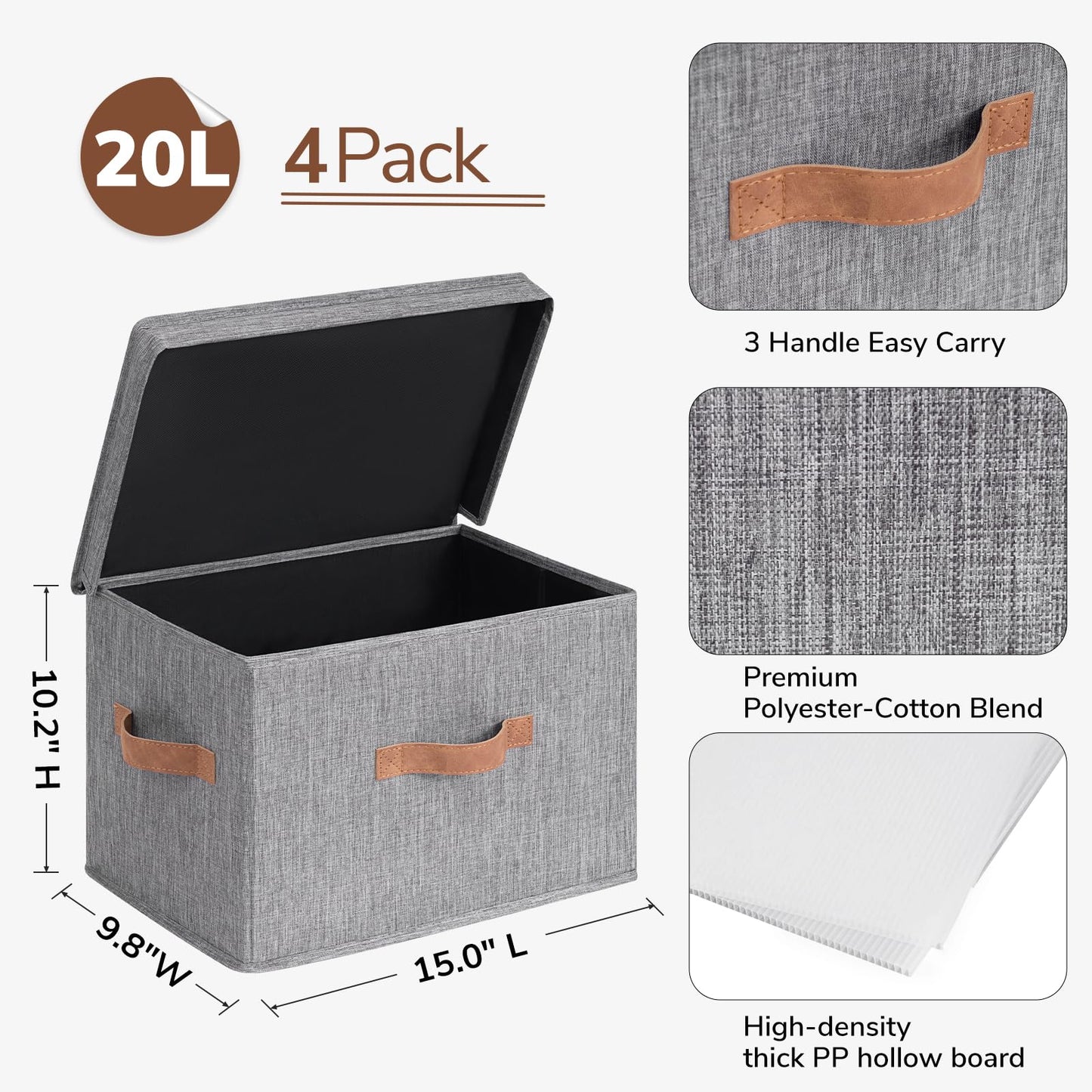 CHICVITA 4-Pack Small Storage Bins with Lids, Fabric Storage Bins for Closet, Toy Storage for Kids, Grey