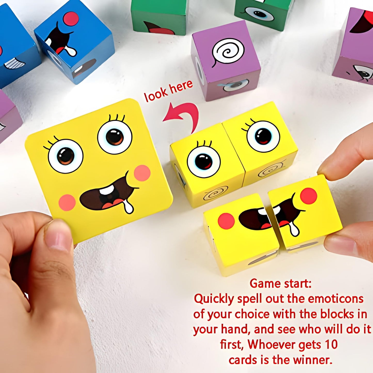 Wooden Cubes, IQ Puzzle, Building Cube Express Toy Faces, Magic Face Building Block Wooden Puzzle Montessori Toy