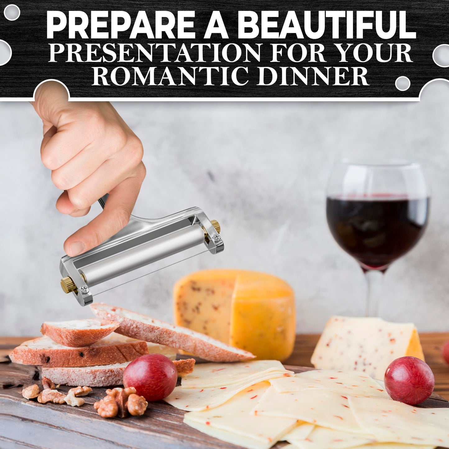 Cheese Slicer Wire - Sharp & Strong Stainless Steel Cheese Cutter Handheld with 2 Extra Wires, Slice Tickness Adjuster, Comfortable Handle & Dishwasher Safe, for Mozzarella, Cheddar & Gruyere Slicing