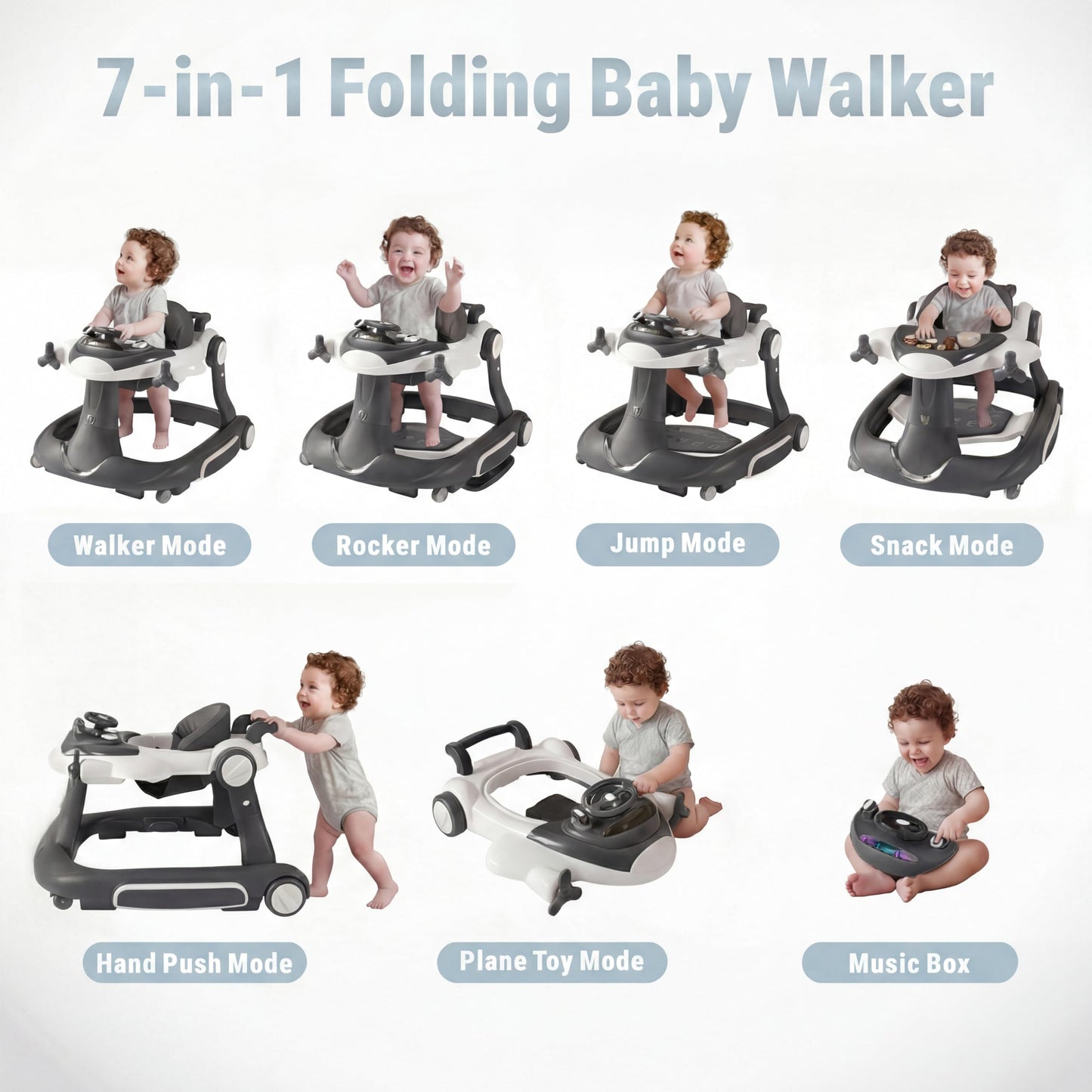 TODECARE 7 in 1 Baby Walker, Foldable Jumper Activity Center with Adjustable Height, Music, Lights, Speed Control, Detachable Play Tray, Infant Push Walker with Wheels for Boys Girls (Gray)