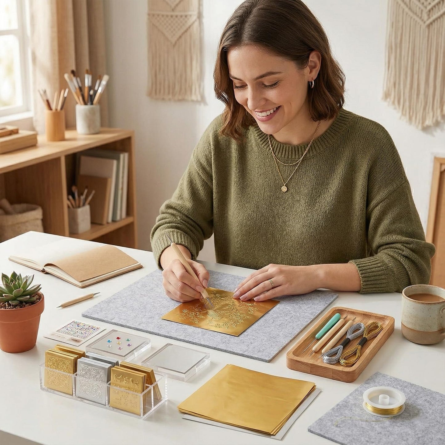 NYXODRON 15 Pieces Gold Embossing Foil Sheets, 11.57 x 9.76 Inch Metal Foil Art Kit and Embossing Kit for Crafting, Metallic Foil Craft Paper with Working Pad - Shimmering Gold Finish