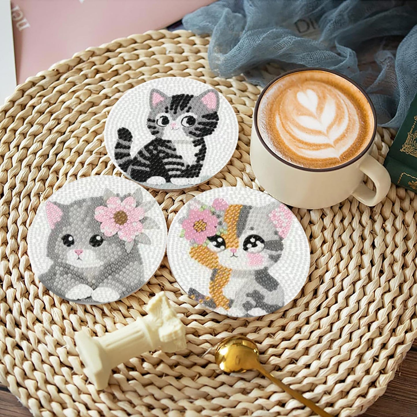 cupmod 8PCS Cute Cat Diamond Painting Coasters Kit with Holder,Cat Diamond Art Coaster,DIY Crafts Diamond Art Kits for Adults Home Decor