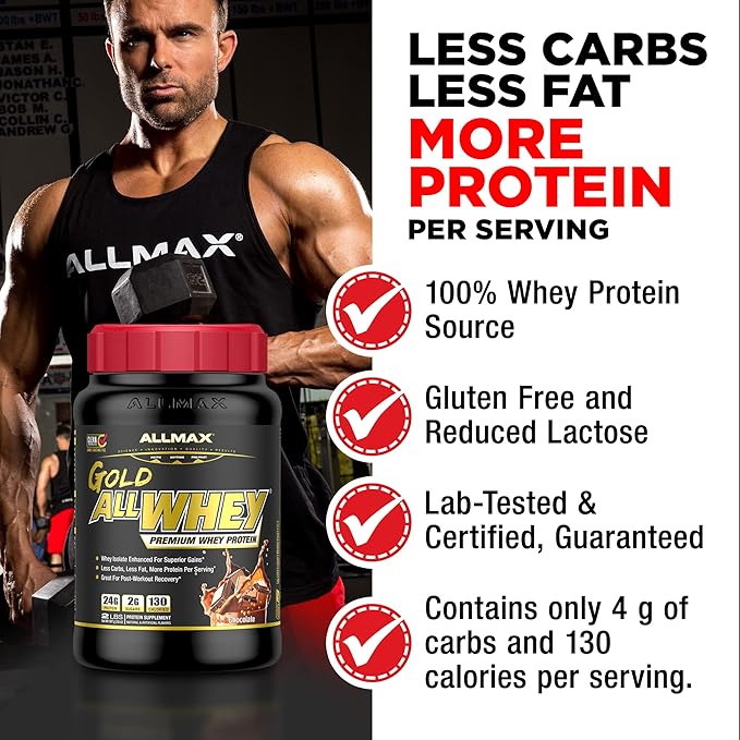 ALLMAX Nutrition Gold ALLWHEY, Chocolate Peanut Butter - 2 lb - 24 Grams of Protein Per Scoop - Gluten Free, Low Carb & Low Sugar - Approx. 30 Servings