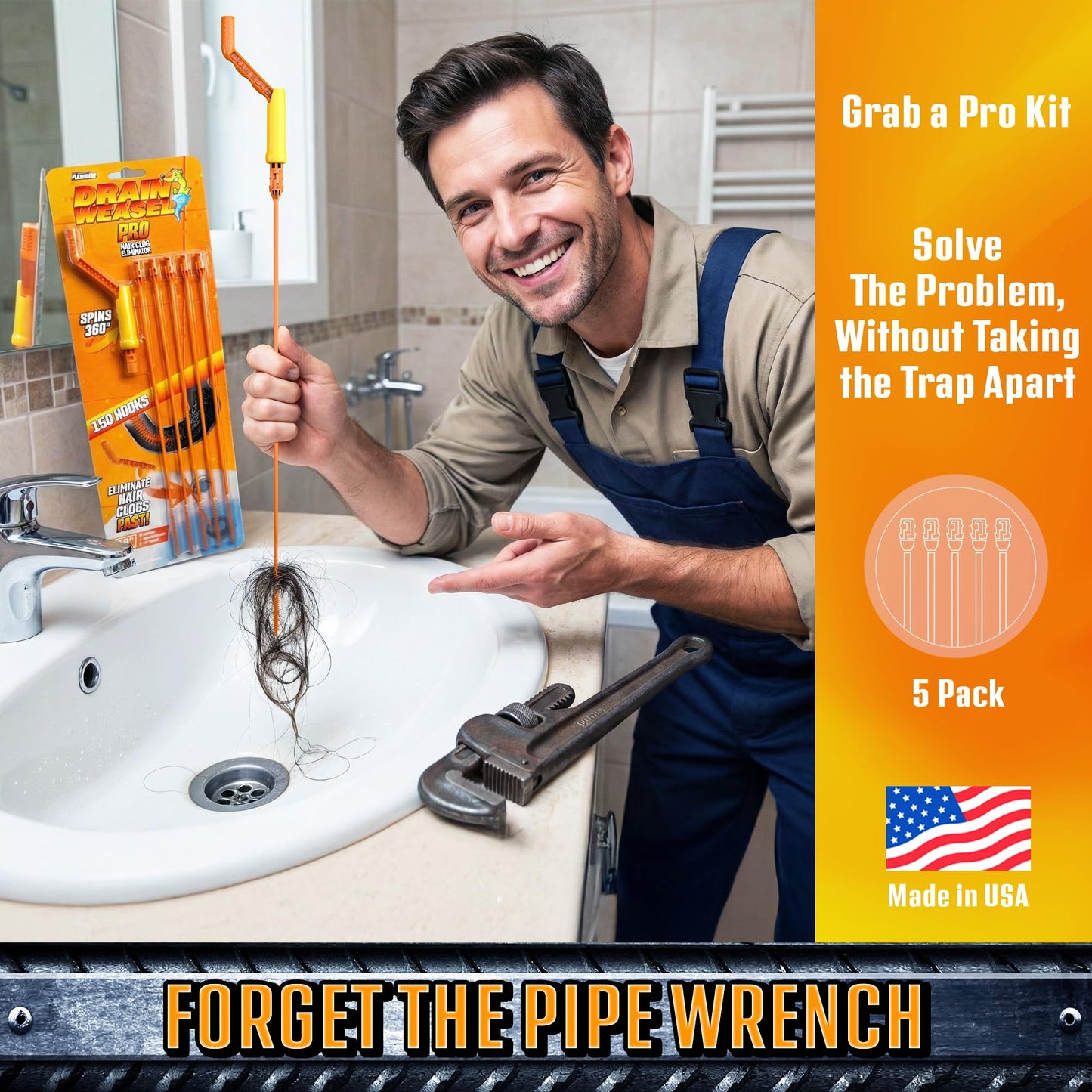 FlexiSnake Pro Drain Weasel Sink Snake Cleaner with New Molded Tip - 18″ - Drain Snake Clog Remover Tool with Rotating Handle & 5 Wand Refills - Easy to Use on Drains & Grates - Made in USA - 5-Pack