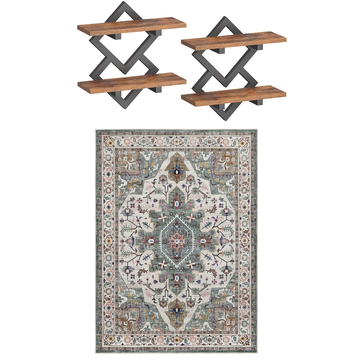 HOOBRO 15" Floating Shelves for Wall and 5 x 7 ft Area Rugs Washable Bundle, for Living Room Bedroom Kitchen, BF14BJP201-GN03AR01