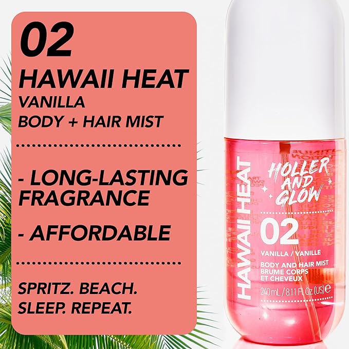 Holler and Glow Hawaii Heat Body & Hair Mist, Warm Vanilla, Peony & Amber Scent, Long-Lasting Daily Fragrance, Lightweight, Vegan, Cruelty-Free, Alcohol-Free, Hydrating Hair Perfume, 8.11 Fl Oz