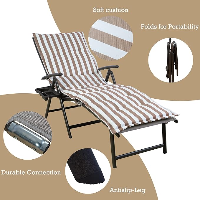 Kozyard Cozy Aluminum Reclining Lounge Chair - Perfect for Beach, Yard, Pool, and Patio Outdoor Chaise Lounge with Drink Holder, Weather Free Adjustable Assemble Free Beige Strip