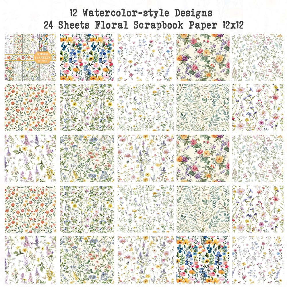 Diuhofart 12x12 Scrapbook Paper Pad - 24 Sheets Double-Sided Pastel Wildflower Paper - Dainty Daisy & Lavender Patterns for Spring Layouts, Easter Crafts & Romantic Journals